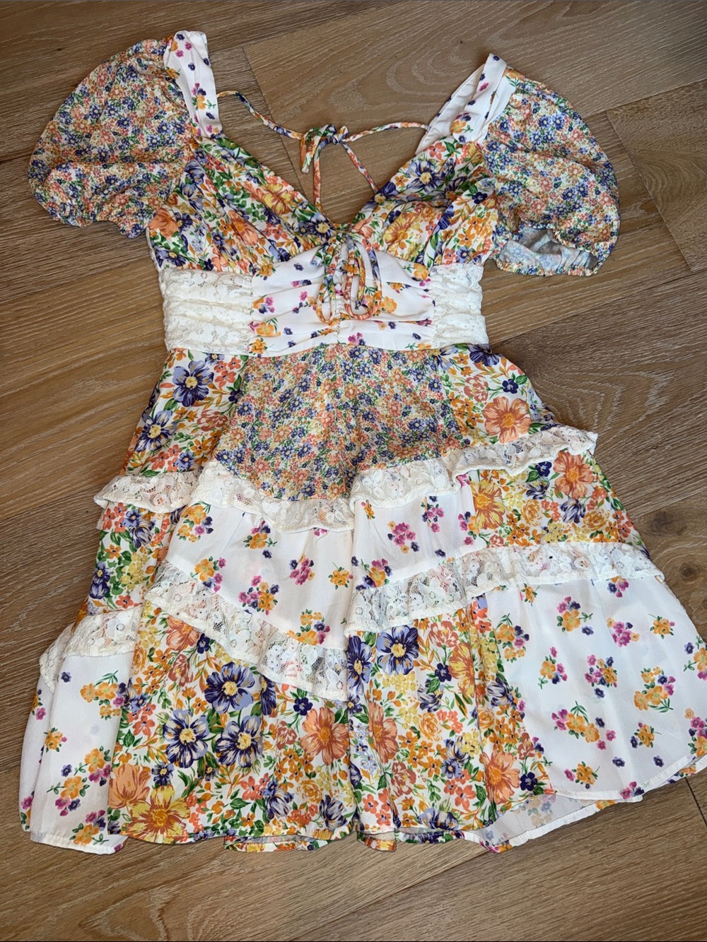Altar'd State Floral Tie-Back Puff Sleeve Dress